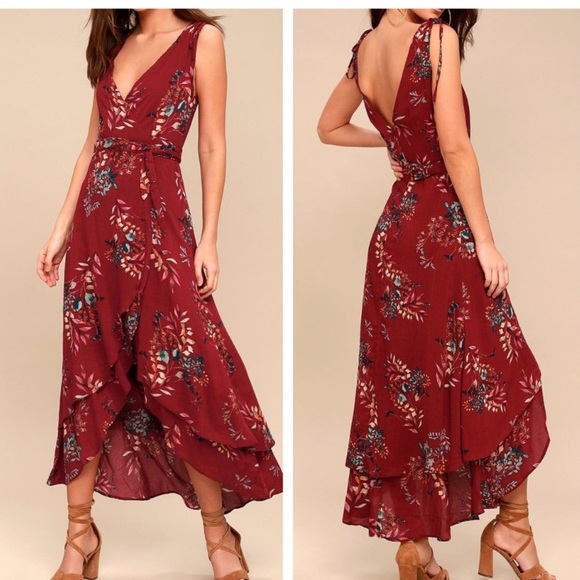 ❤️Lulus Amal Burgundy Floral Print Dress - Picture 1 of 9